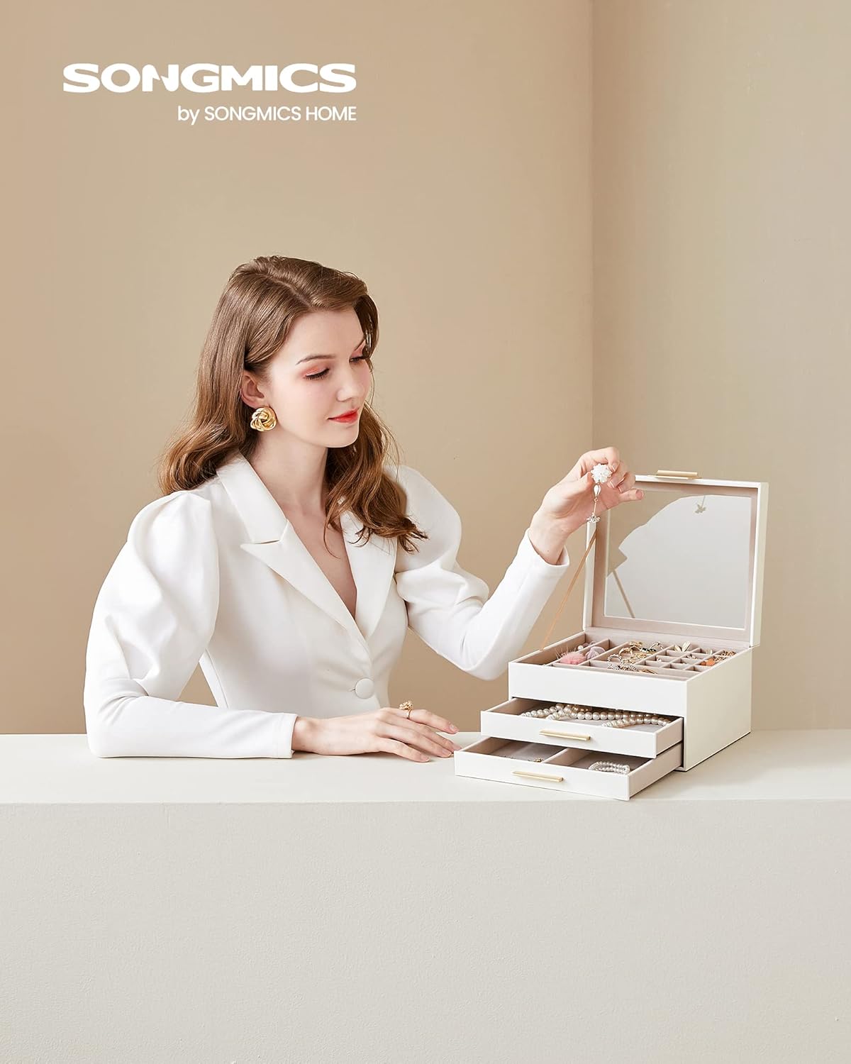 Jewelry Box Organizer with Glass Lid, 3-Layer Jewelry Storage, with 2 Drawers, Modern Style, 8 x 9.1 x 5.3 Inches, Cloud White and Gold Color