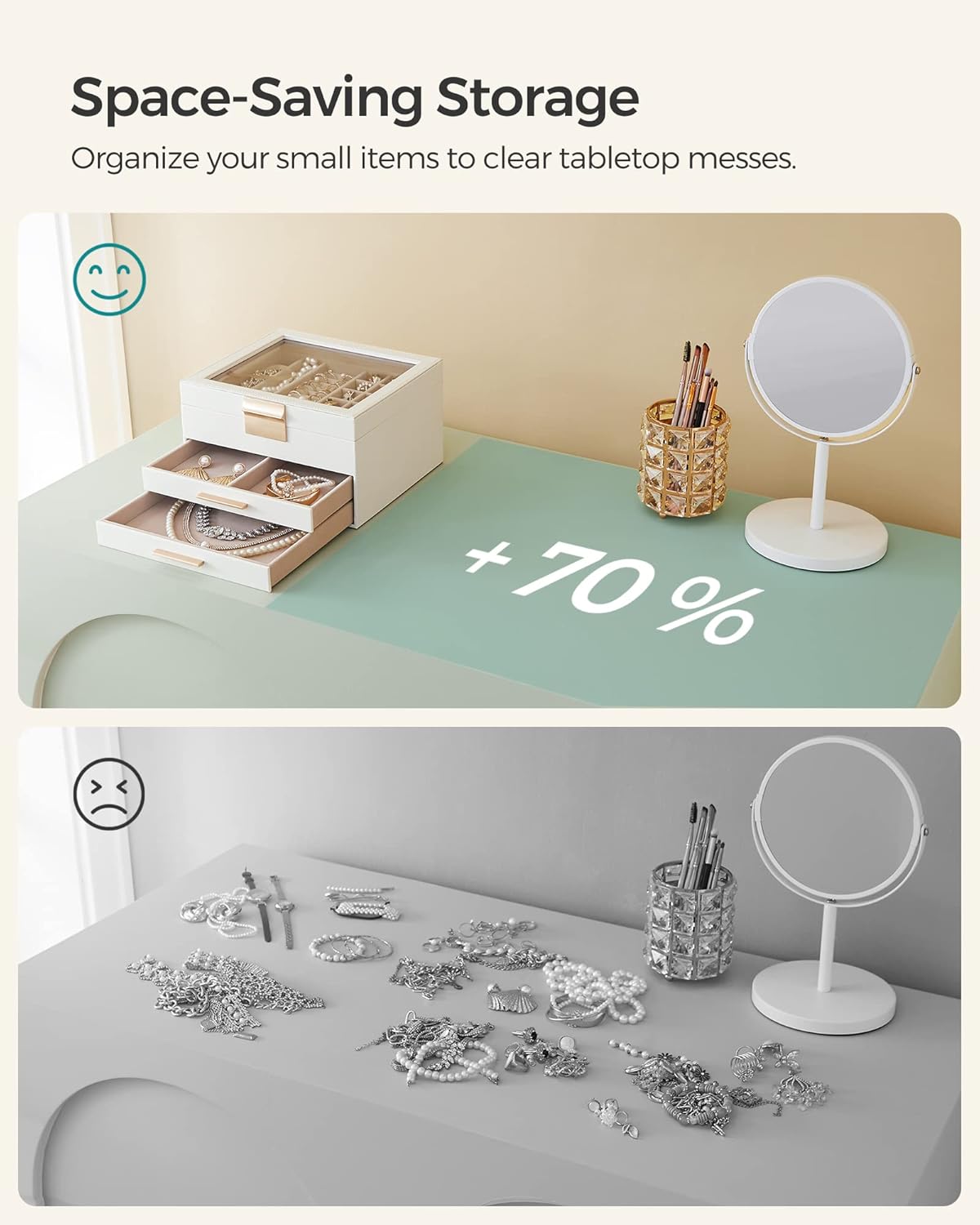 Jewelry Box Organizer with Glass Lid, 3-Layer Jewelry Storage, with 2 Drawers, Modern Style, 8 x 9.1 x 5.3 Inches, Cloud White and Gold Color