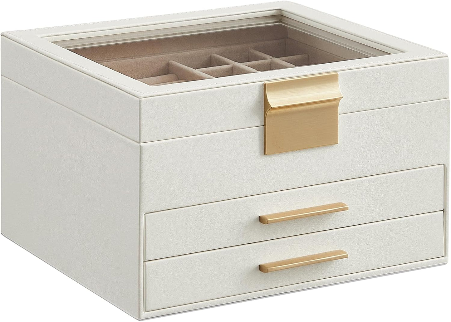 Jewelry Box Organizer with Glass Lid, 3-Layer Jewelry Storage, with 2 Drawers, Modern Style, 8 x 9.1 x 5.3 Inches, Cloud White and Gold Color